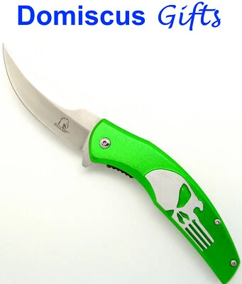 8 1/2" NEW FALCON PUNISHER Skull Green TRAILING Pt. POCKET KNIFE Folding Knives - Image 1 of 4
