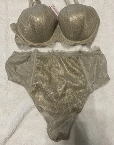 Victoria’s Secret Dream Angels Gold Lace Lined Demi Bra Panty Set 32DD M - Picture 1 of 6