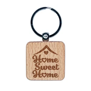 Home Sweet Home with Hearts Engraved Wood Square Keychain Tag Charm - Picture 1 of 6