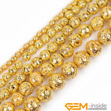 Gold Metallic Coated Volcanic Rock Stone Round Jewelry Making Loose Beads 15" YB