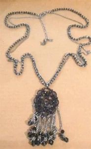 Boho Halskette Mandala Anhänger mit Kette/Perle Fransen lang Doppelkette rauchblau - Bild 1 von 3