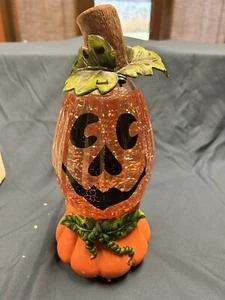 Halloween Decor Pumpkin Light Up Water Glitter Flickering Glass Jack Lantern - Picture 1 of 9