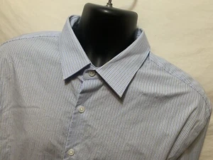 Express 1MX Slim Fit Mens Sz 17 17 1/2 L/S Blue Stripe Cotton Blend Dress Shirt - Picture 1 of 4