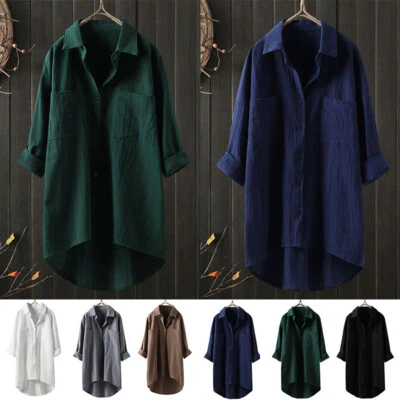 Womens Long Sleeve Cotton Linen Tops Ladies Casual Loose Blouse Baggy Plus Size☾ - Image 1 of 4