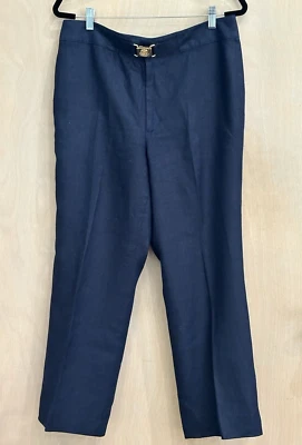 Chaps Womens Navy Blue Linen Lined Pants W/Gold Buckle Career Nautical Sz 12 Exc - Image 1 of 4