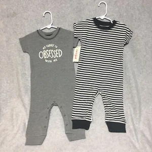 Cat and Jack Baby 12m 2pk Rompers 'Obsessed' Solid Gray and Black White Stripes - Picture 1 of 11