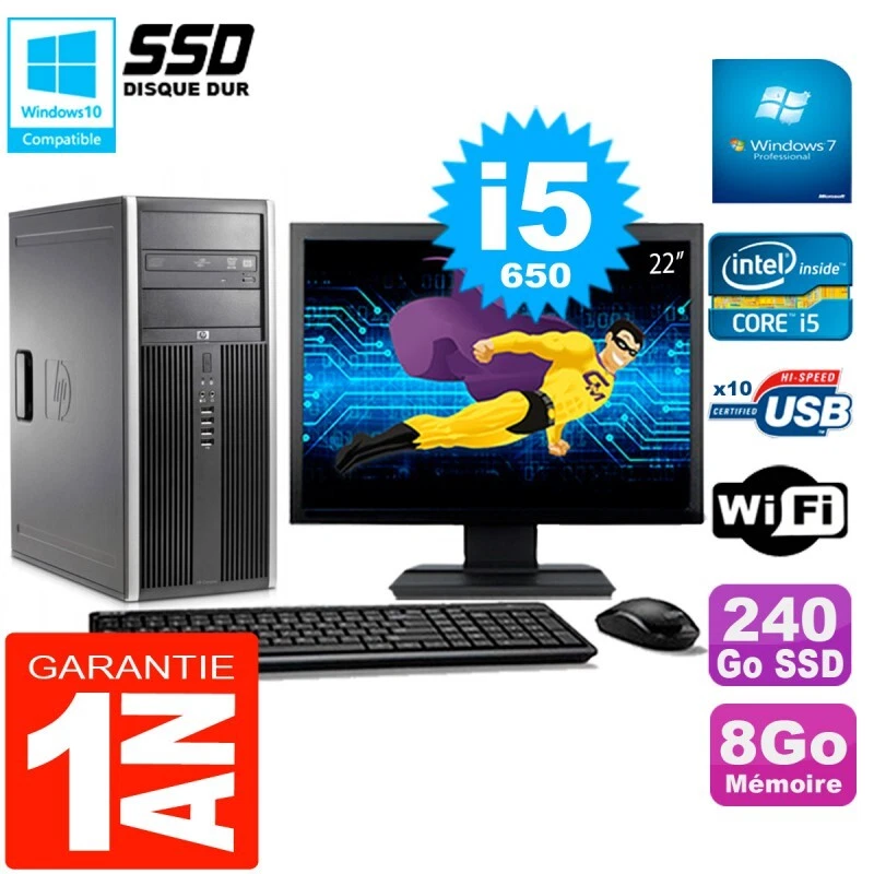 PC HP 8100 Tour Pantalla 22" Core I5-650 RAM 8Go SSD 240Go Grabador DVD Wifi W7 - Imagen 1 de 1