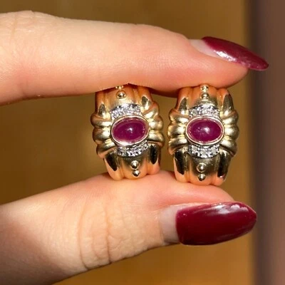 Estate 14KT Yellow Gold Etruscan Matte Ruby + Pave Diamond Omega Back Earrings - Image 1 of 4