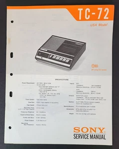 Sony TC-72 EE. UU. Cassette-Corder Manual de Servicio Original OEM - Imagen 1 de 3