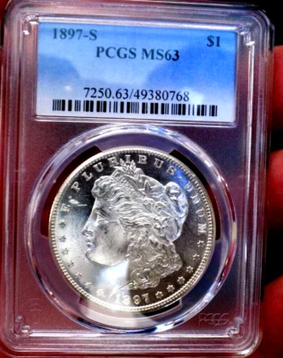 MORGAN SILVER DOLLAR 1897 S PCGS MS 63 OFF GRADE GLASSY PROOF LIKE PL MIRRORS - Image 1 of 4