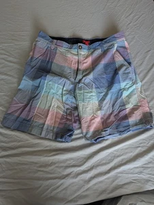 IZOD Men's 38 Shorts Madras Patchwork Plaid Bermuda Chinos Blue Pink Green Grey - Picture 1 of 5