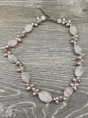 Collar de plata de ley 925 con broche de cuarzo rosa e imitación de perlas rubor blanco 81,85 g Foto 1 de 4