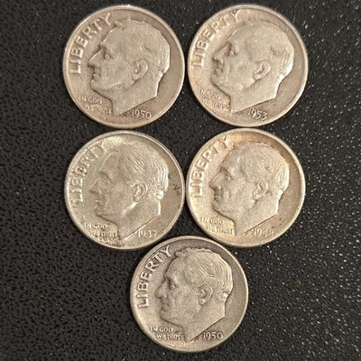 5 SILVER Roosevelt Dimes ($.50 Face Value) various dates  90% silver lot 46 - Image 1 of 2
