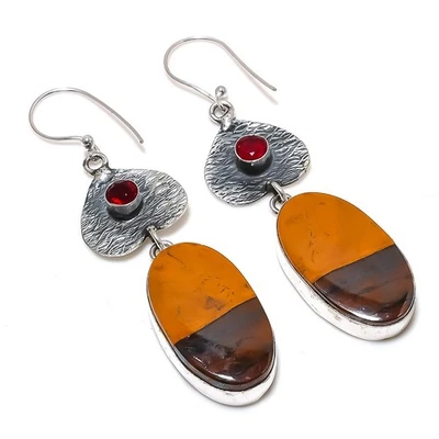 Natural Tiger Eye, Garnet Gemstone 925 Sterling Silver Earring 2.80" Gift n590 - Image 1 of 4