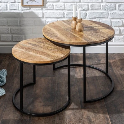 Retro 2er-Set Beistelltische ELEMENTS 57cm Mangoholz Massivholz Couchtisch - Bild 1 von 4