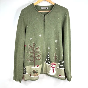 VTG 90s Wool Christmas Cardigan 2X Embroidered Snowman Granny Cottage Sage Green - Picture 1 of 11