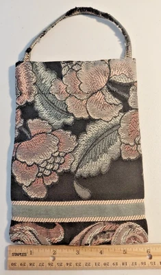 Handmade Cottage Florals on Black Woven Tapestry Style Bag - Image 1 of 4