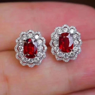 Lab Created Red Ruby 4.00Ct Oval Cut Halo Stud Earring 14K White Gold Plated - Image 1 of 4
