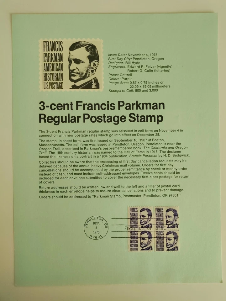 1975 US FDC,3-cent Francis Parkman Regular Postage Stamp - Image 1 of 1