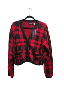 Polo Ralph Lauren Tartan Wool Black Plaid Cropped Cardigan Red V-Neck Women Sz L - Picture 1 of 6