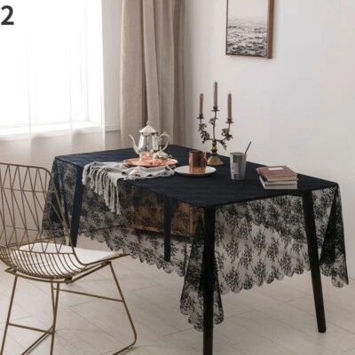 1X Lace Mesh Sheer Tablecloth Embroidery Floral Gothic Party Table Cover Black  - Image 1 of 4