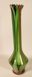 Art Glass Vase Green Multicolor Stripe Ruffled 10"H Japan    A57 - Picture 1 of 7