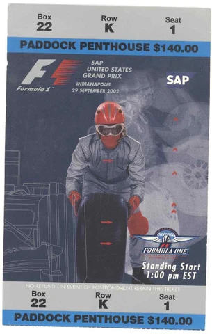 2002 US Grand Prix Formula 1 Indianapolis Spdwy Ticket Stub! Rubens Barrichello Cover