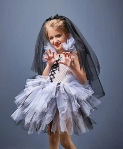 Halloween Zombie Bride Girls Tutu Dress with Veil Glitter Sparkle Tulle Kids - Picture 1 of 9