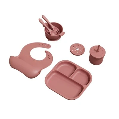 Juego de Alimentación de Bebé de Silicona, Juego de Ventosa, Juego de Regalo de 8 Piezas Rosa Oscuro Foto 1 de 4