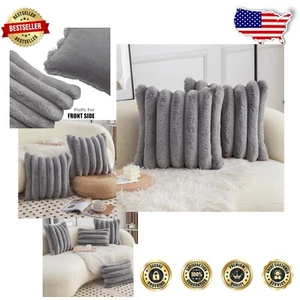 Elegant Striped Decorative Throw Pillow Covers 24x24 in Faux Fur & Velvet - 2pcs - Picture 1 of 8