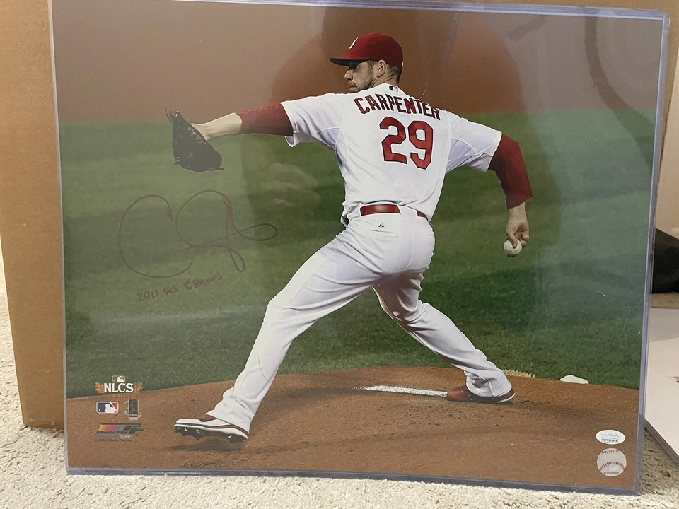 Foto firmada por Chris Carpenter 16x20 con inscripción Cardenales de San Luis certificado de autenticidad JSA Foto 1 de 1