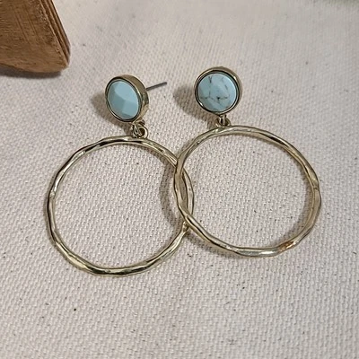 Turquoise Stone Earrings Gold Tone Hoop Dangle Earrings Women's Jewelry - Image 1 of 4