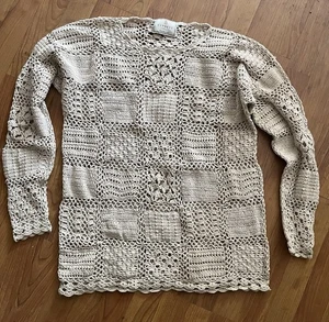 Vintage Express Tricot Hand Knitted Granny Square Cotton Sweater Size L Boho Hip - Bild 1 von 4