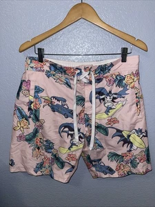 Batman Pink Floral Men's Swim Trunks Size M Batman Robin Batmobile Surf DC - Picture 1 of 3