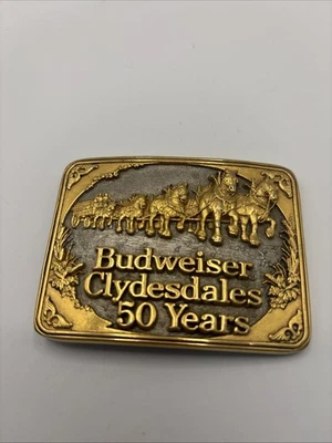 Vintage 1983 BUDWEISER CLYDESDALES 50 YEARS Brass BELT BUCKLE ~ Gold/Silver ~NOS - Image 1 of 2