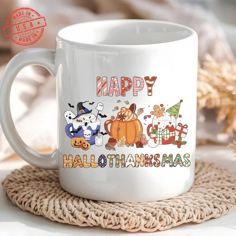 Happy HalloThanksMas Mug, Halloween Thanksgiving Christmas Mug, Funny Holiday Gi - Image 1 of 4