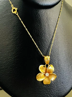 Collar Vintage Oro 14K Plumeria Hawaiana Flor Diamante Foto 1 de 4