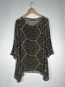 Sahara Tunic Top Size S Geometric Brown Green Evening Handkerchief Hem Silk Mesh - Picture 1 of 12