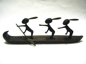 Karl Hagenauer Bronze & Wood Sculpture Vienna Austria 3 Tribal Children in Canoe - Picture 1 of 10