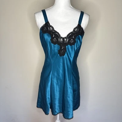 Vintage Opaque Turquoise & Black Floral Lace Bias Cut Dress Size Medium 36 Bust - Image 1 of 4