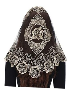 Spanish Style Church Lace Veils- Traditional Vintage Mantilla Veil Black Gold - Picture 1 of 7