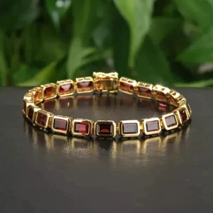 Elegant Tennis Bracelet 14k Yellow Gold Plated 10CT Emerald Cut Simulated Garnet - Picture 1 of 7