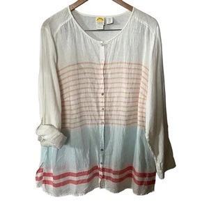 C&C California Blouse Tunic Pastel Stripe Beachy Coastal Linen Tabbed Sleeve 1X - Picture 1 of 7