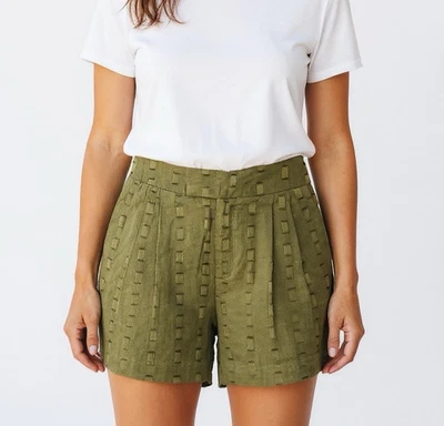 NEW Never A Wallflower Willa Olive Geo Shorts Women Size XS Metallic Pleated - Image 1 of 4