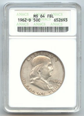 Medio dólar Franklin 1962-D, antiguo pequeño losa blanca ANACS, MS-64 FBL, líneas de campana completas Foto 1 de 2