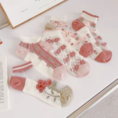 5/10 Pack Women Socks Transparent Thin Flower Lace Crystal Silk Lady Ankle Socks - image 1 of 4