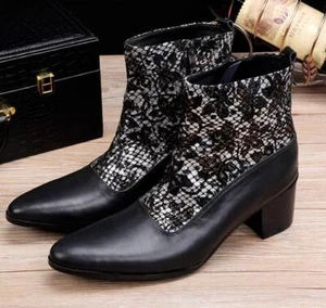 Men's Punk Gothic Pointy Toe Leather Shoes Floral Block Heels Zipper Ankle Boot - Picture 1 of 7
