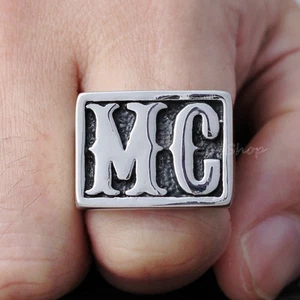 Men's Retro Silver 316L Stainless Steel MC Initial Biker Ring Motorcycle Club - Picture 1 of 7