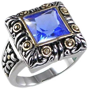 BALI DESIGNER MOTIF 2-TONE_GENUINE BLUE TOPAZ RING_SZ-6__925 STERLING SILVER - Picture 1 of 6