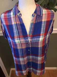 NWT Maurices Size Medium Plaid Button Up Sleeveless Blouse Top Summer 4th July - Picture 1 of 8